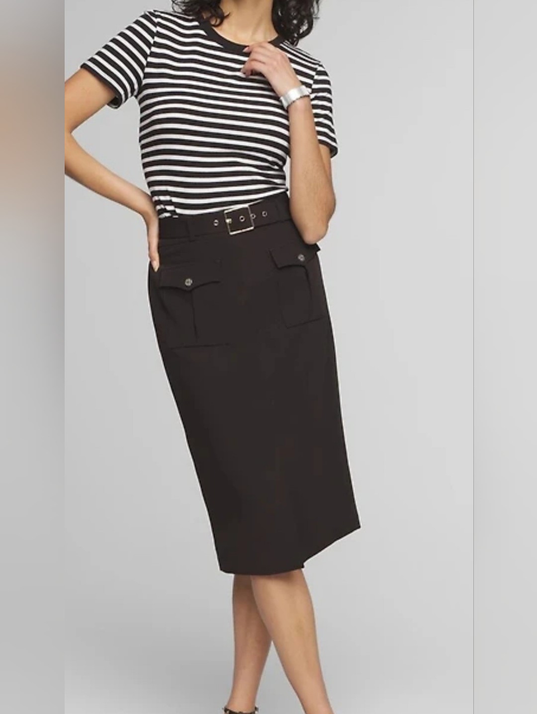 White House Black Market Black Midi Pencil Skirt With Belt & Pocket Flaps